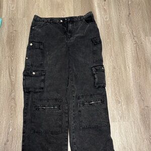 Fashion Nova Black Denim Cargo Pants with Patch Details